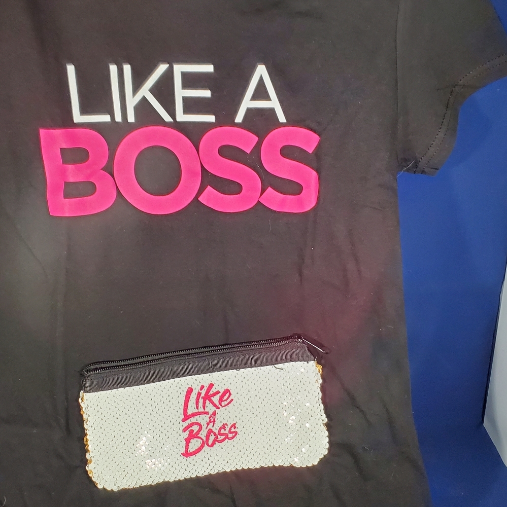Woman's Like a Boss t-shirt and bonus cosmetic sequin pouch